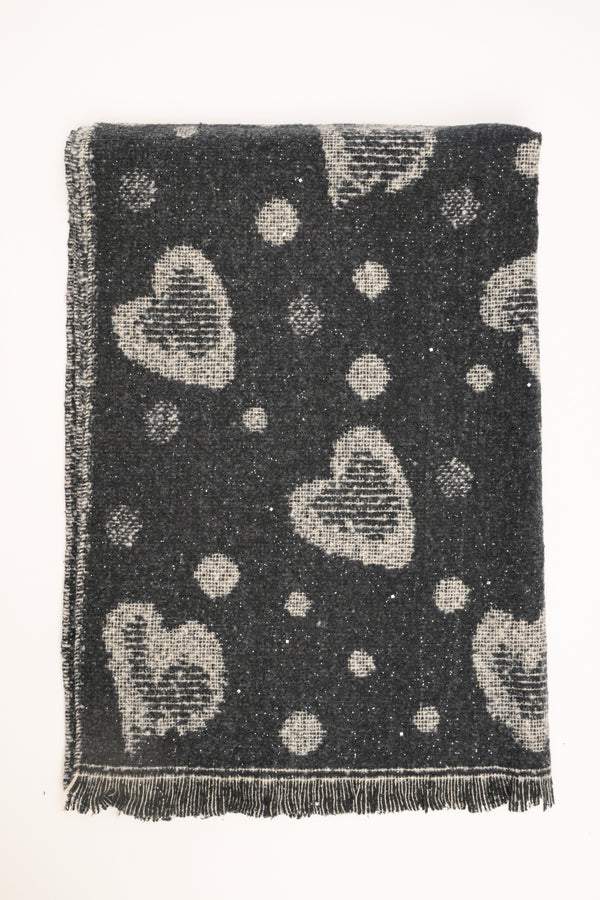Grey-black heart-pattern scarf with fringe