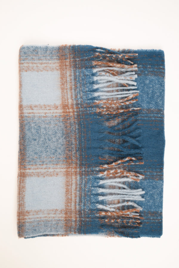Blue-light blue-brown checked scarf with fringe
