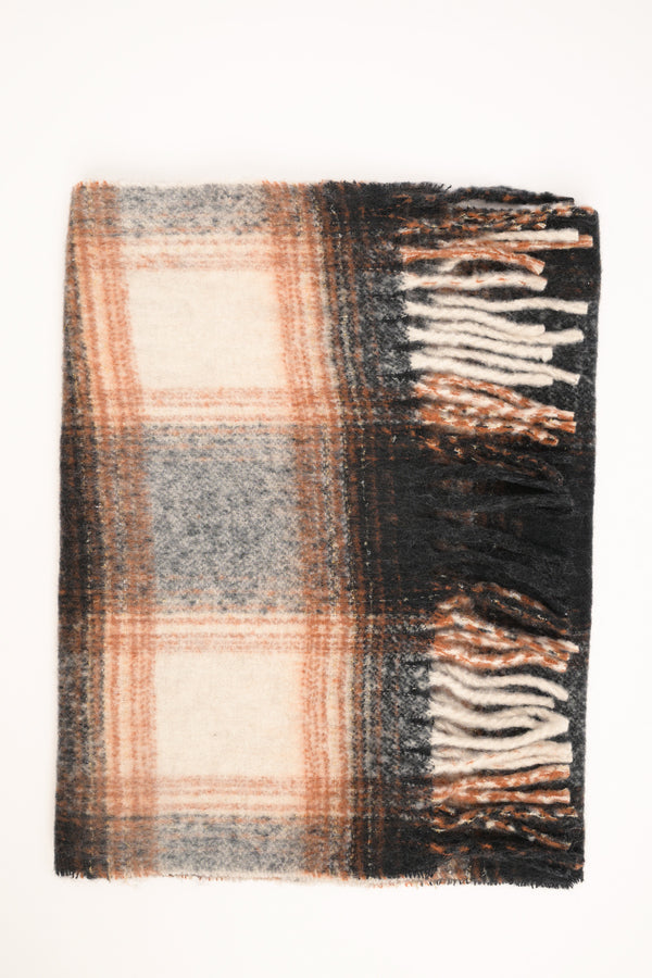 Black-beige-grey checked scarf with fringe