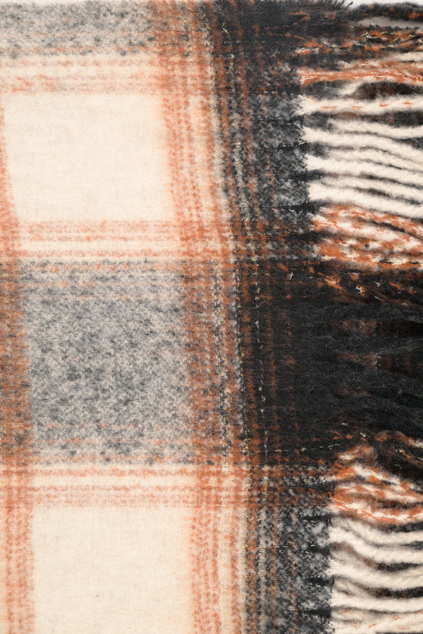Black-beige-grey checked scarf with fringe