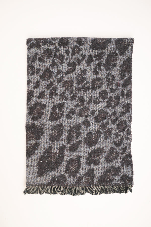 Grey-black animal-print scarf with fringe