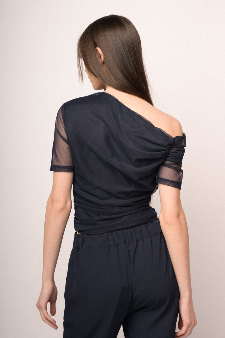 Blue tulle asymmetric top