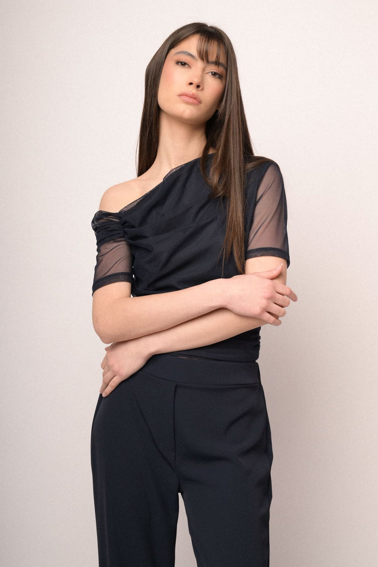 Blue tulle asymmetric top