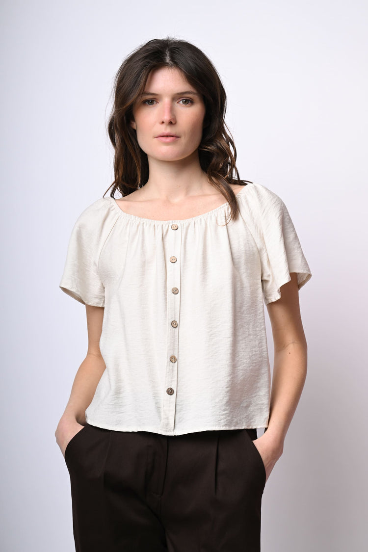 Off-the-shoulder button top