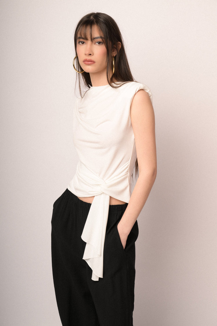 White knot sash gathered top