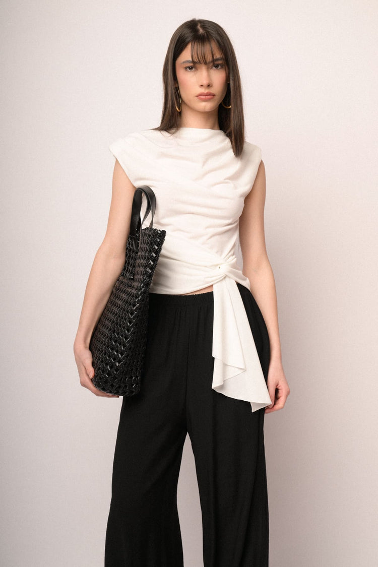 White knot sash gathered top