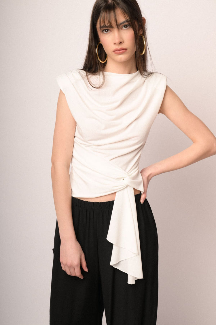 White knot sash gathered top