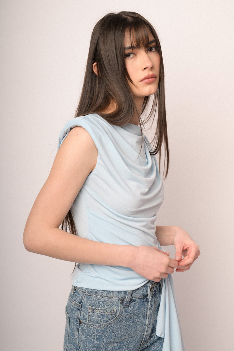 Sky blue knot sash gathered top