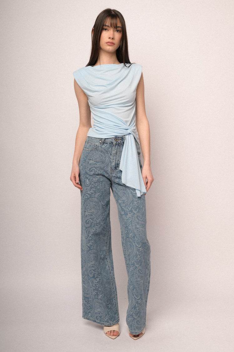 Sky blue knot sash gathered top
