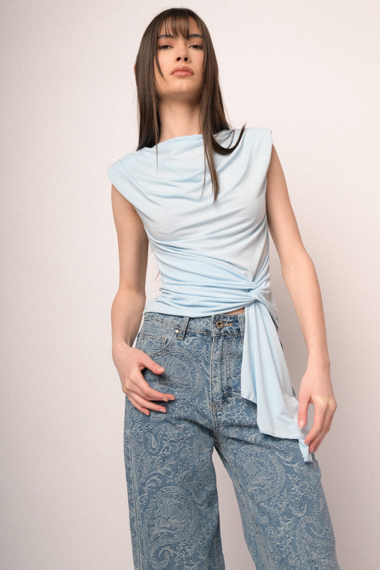 Sky blue knot sash gathered top