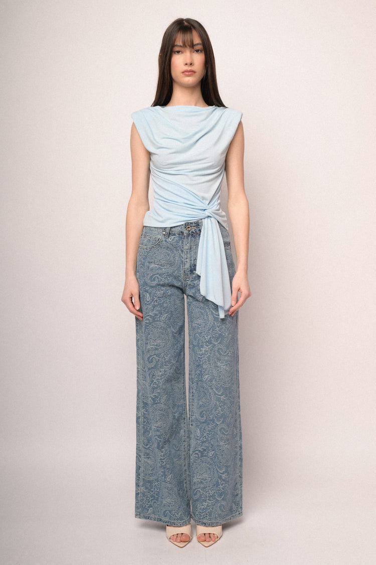 Sky blue knot sash gathered top