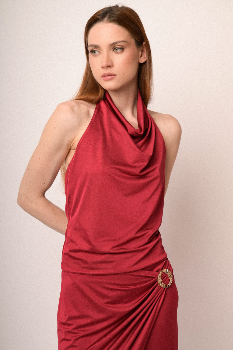 Red draped halter neck top