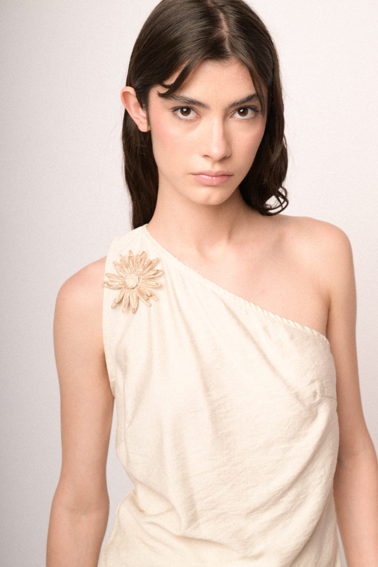 Beige 3D flower one-shoulder top