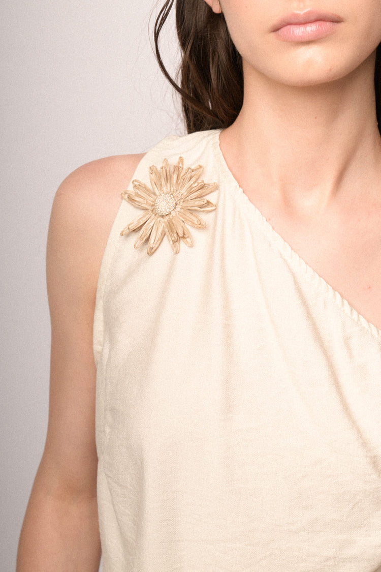 Beige 3D flower one-shoulder top