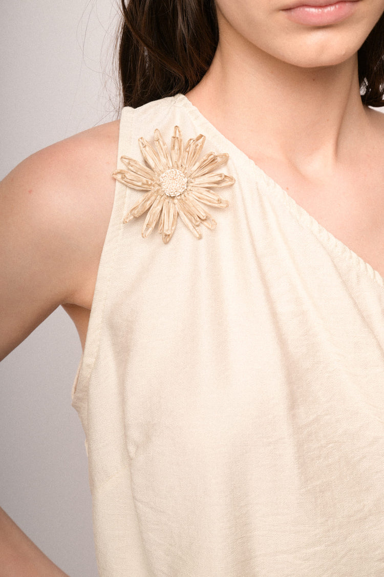 Beige 3D flower one-shoulder top