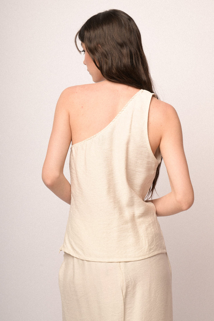 Beige 3D flower one-shoulder top