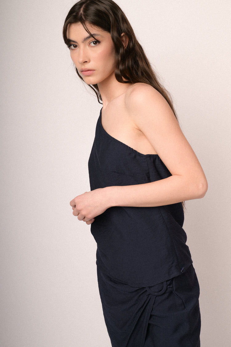 Blue 3D flower one-shoulder top