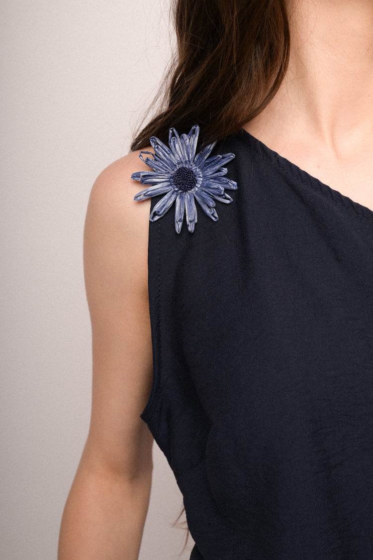 Blue 3D flower one-shoulder top