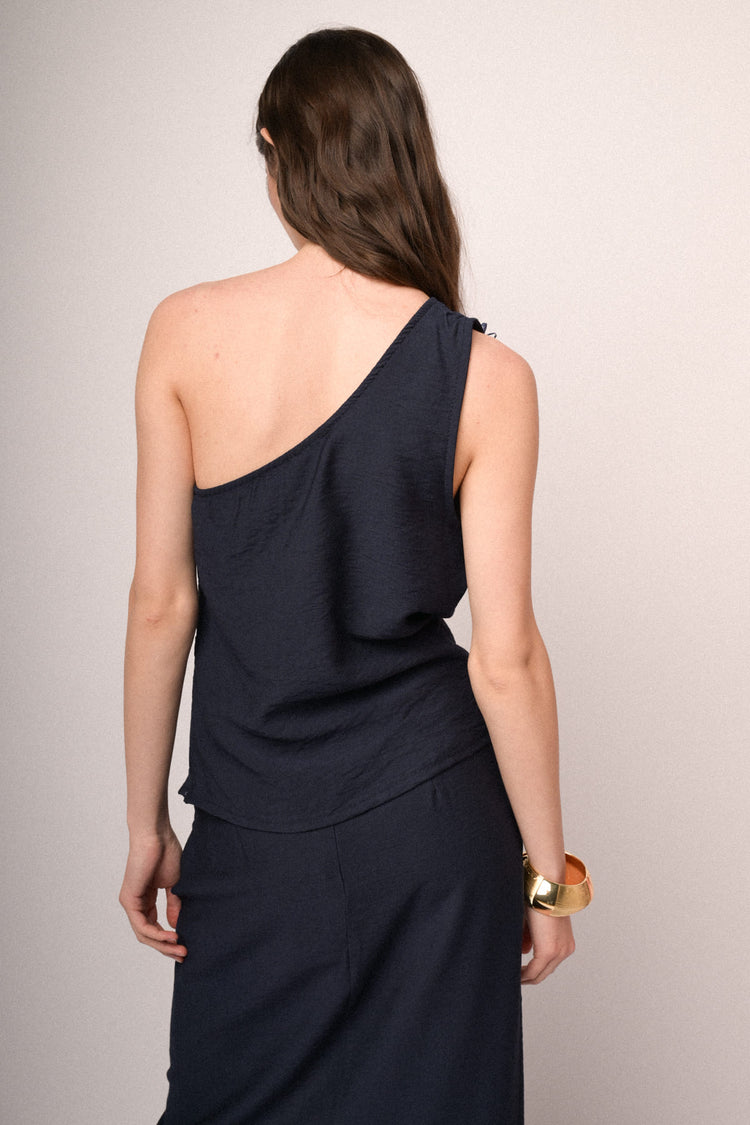 Blue 3D flower one-shoulder top