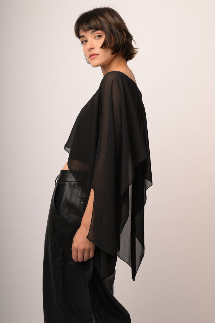Black shrug with button and cape sleeves