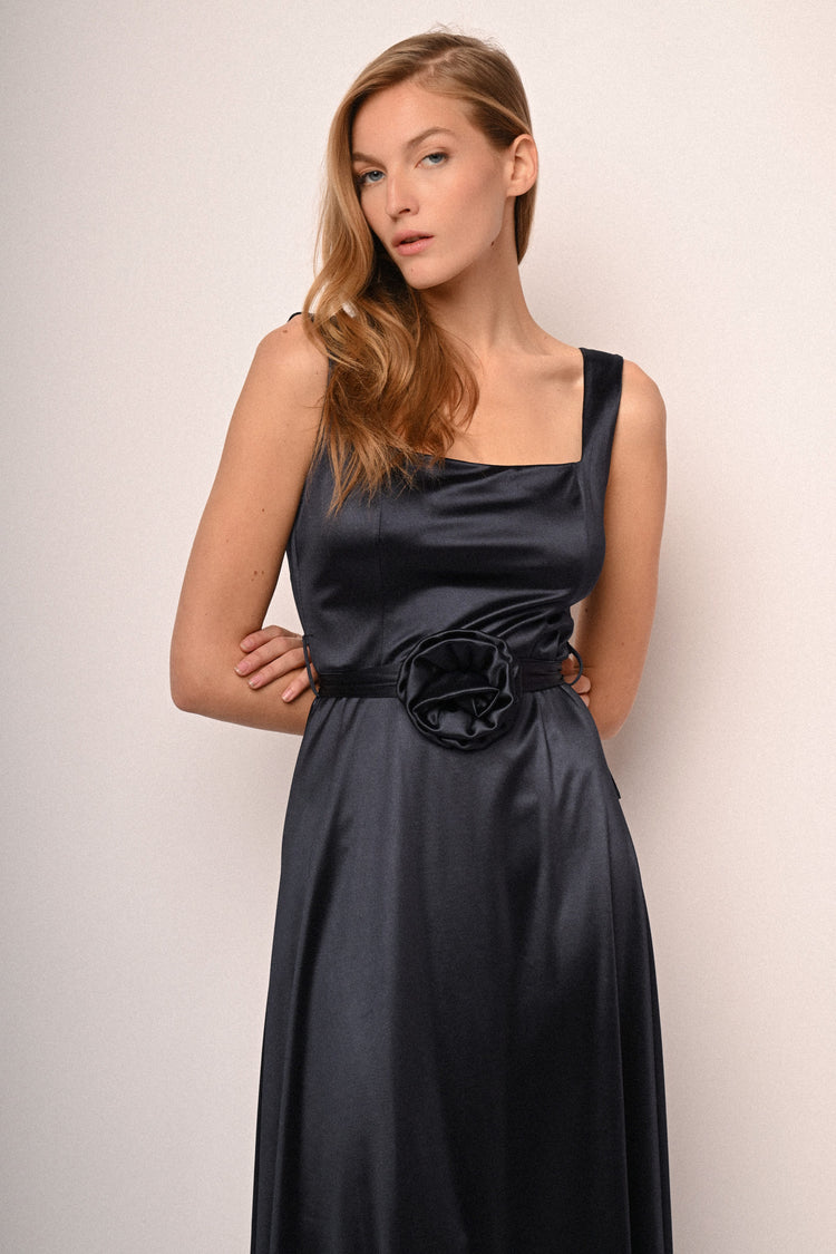 Rose belt satin long dress