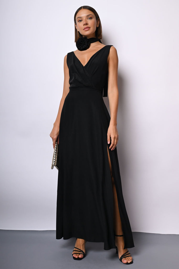 3D rose and belt long dress