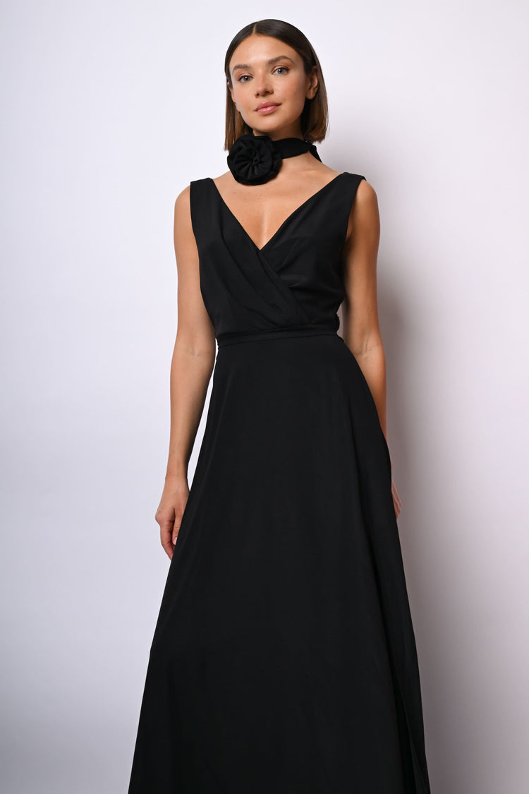 3D rose and belt long dress