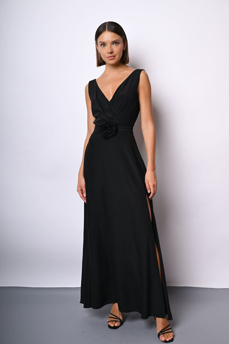 3D rose and belt long dress