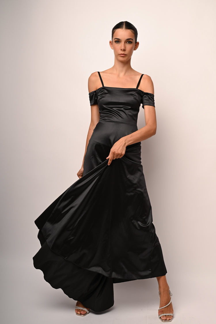 Satin off-the-shoulder long dress