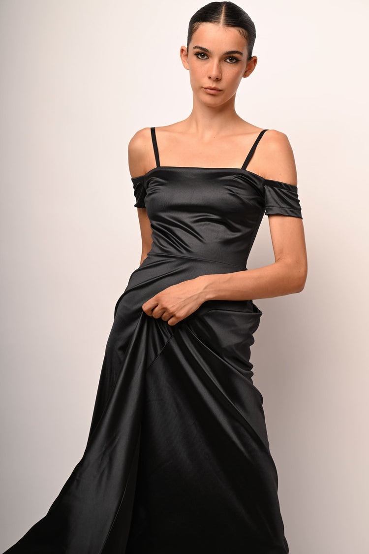 Satin off-the-shoulder long dress