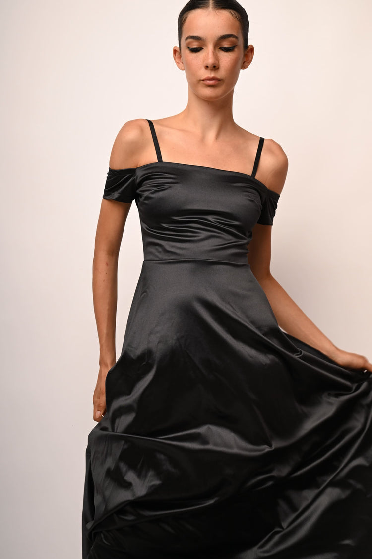 Satin off-the-shoulder long dress