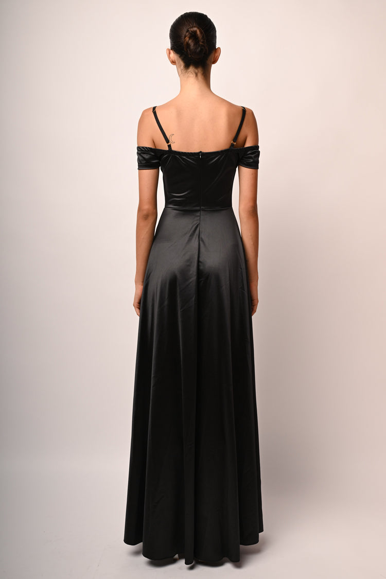 Satin off-the-shoulder long dress
