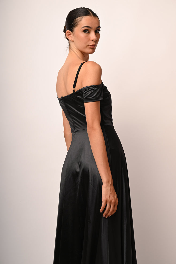 Satin off-the-shoulder long dress