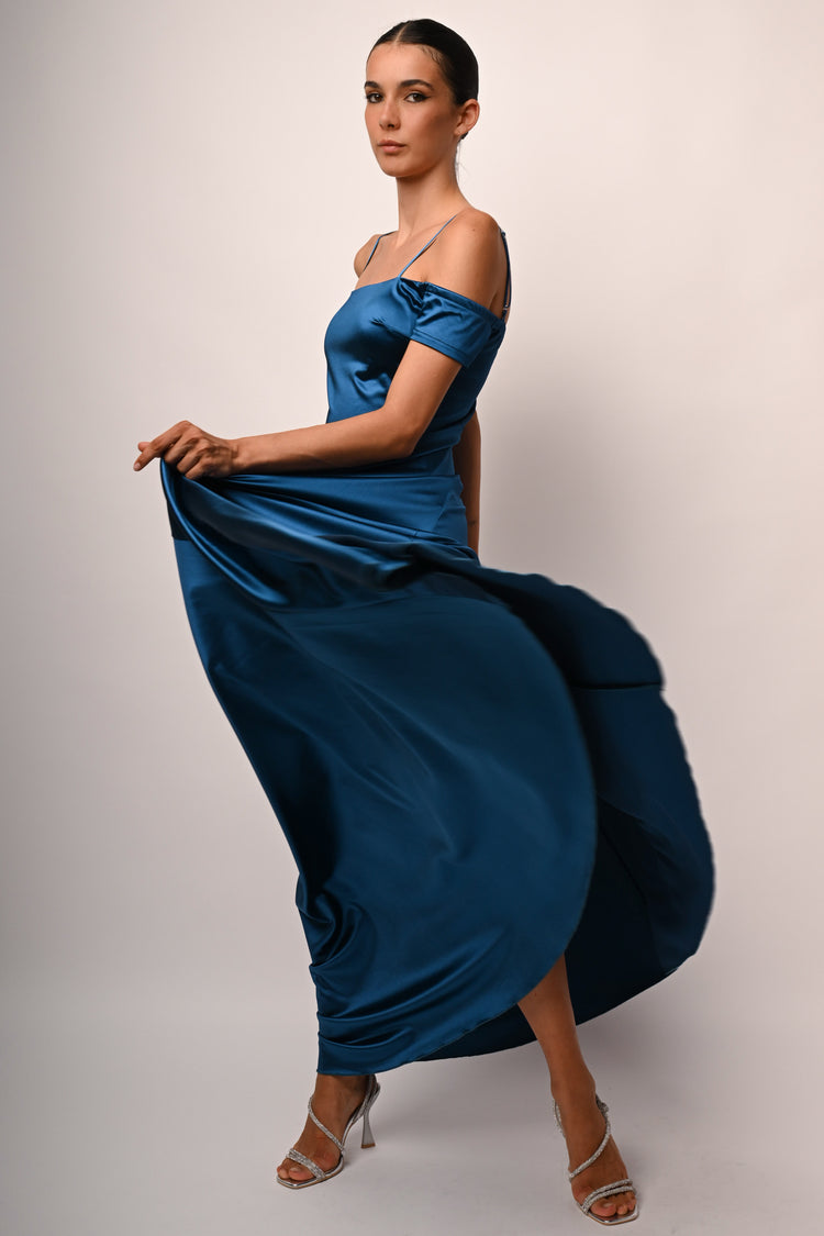 Satin off-the-shoulder long dress