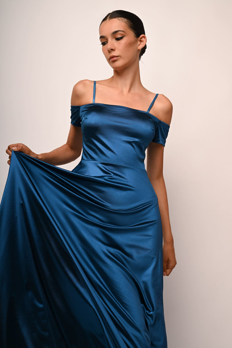 Satin off-the-shoulder long dress