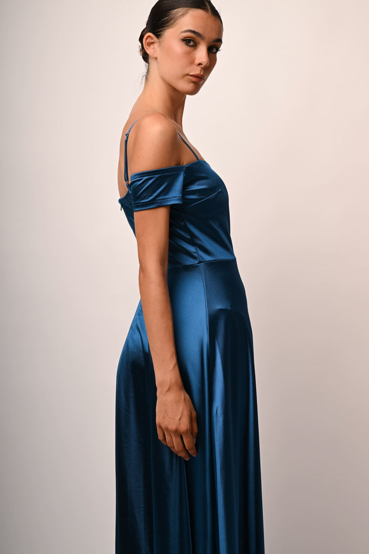 Satin off-the-shoulder long dress