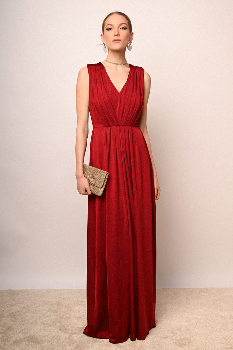 Jewel-belt pleated long dress