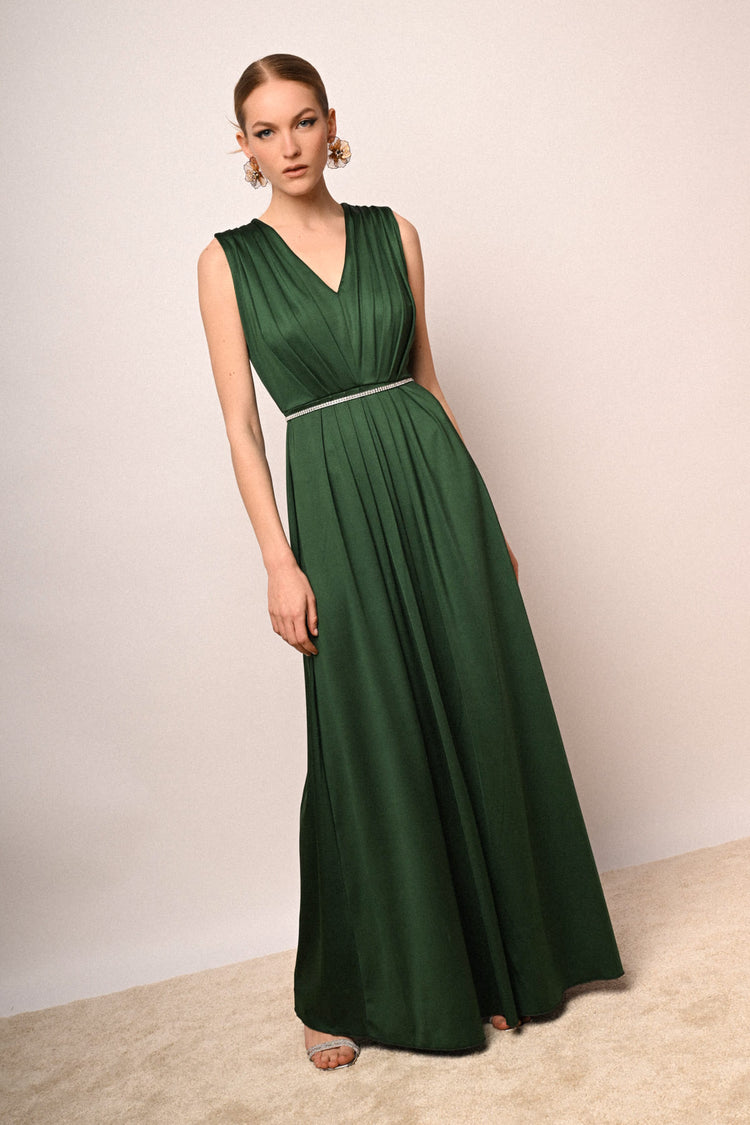 Jewel-belt pleated long dress