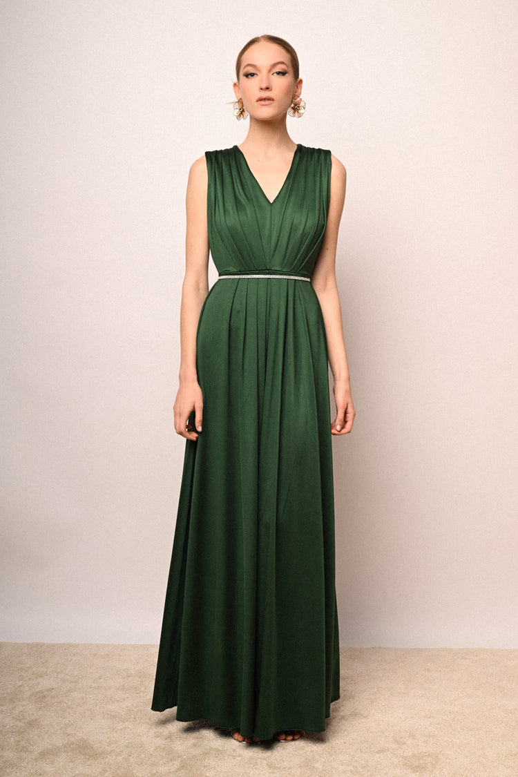 Jewel-belt pleated long dress