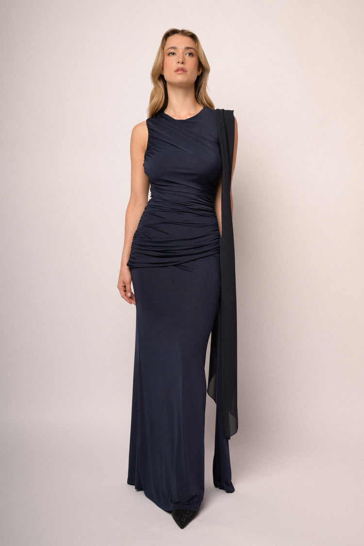 Midnight blue stole gathered long dress