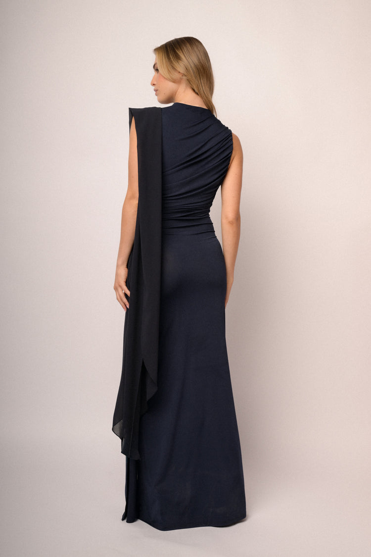 Midnight blue stole gathered long dress