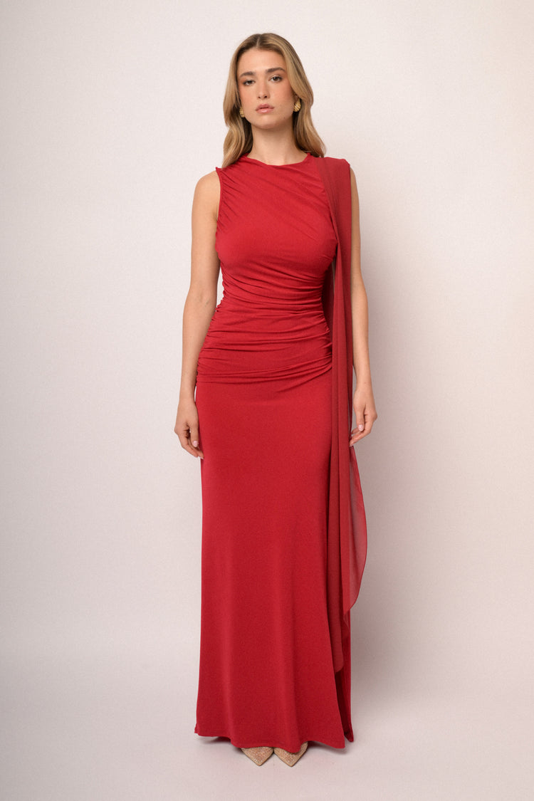 Red stole gathered long dress