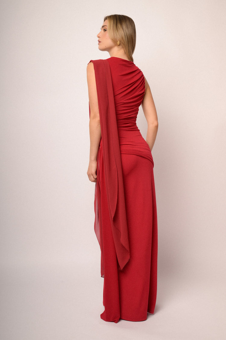 Red stole gathered long dress