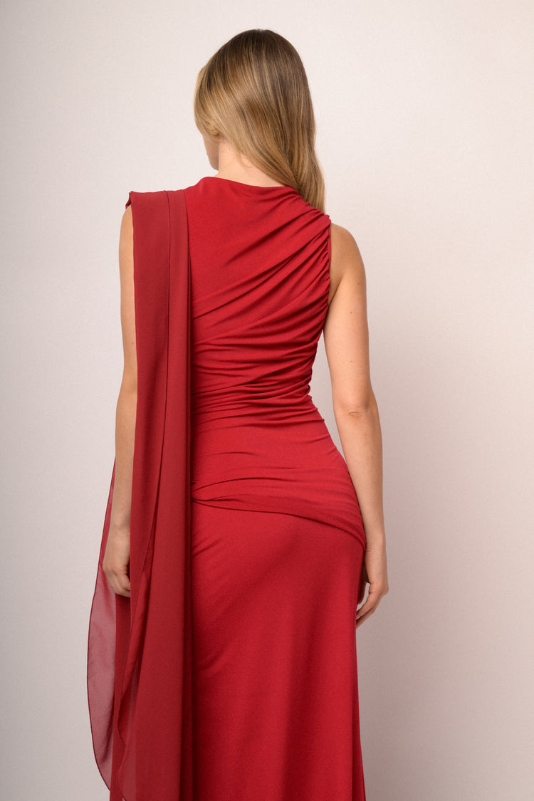 Red stole gathered long dress