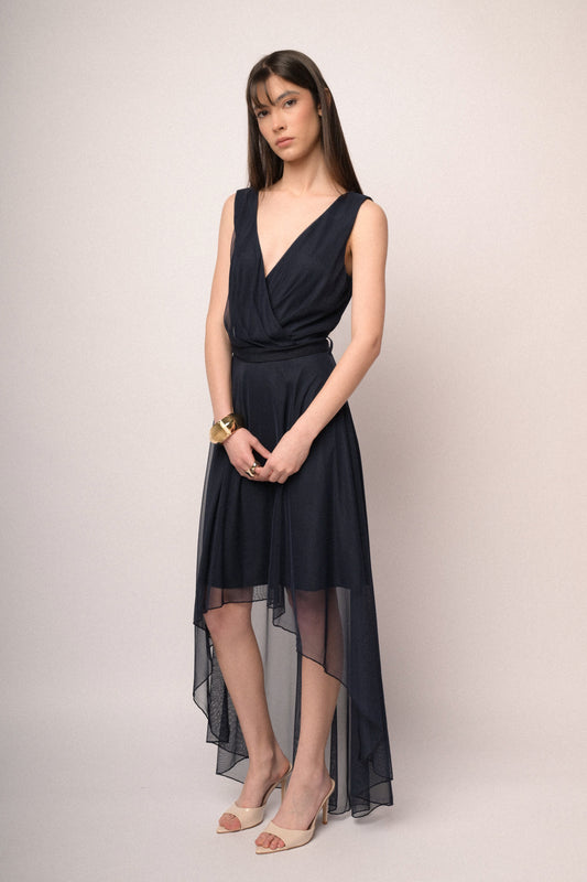 Blue tulle belted high-low dress