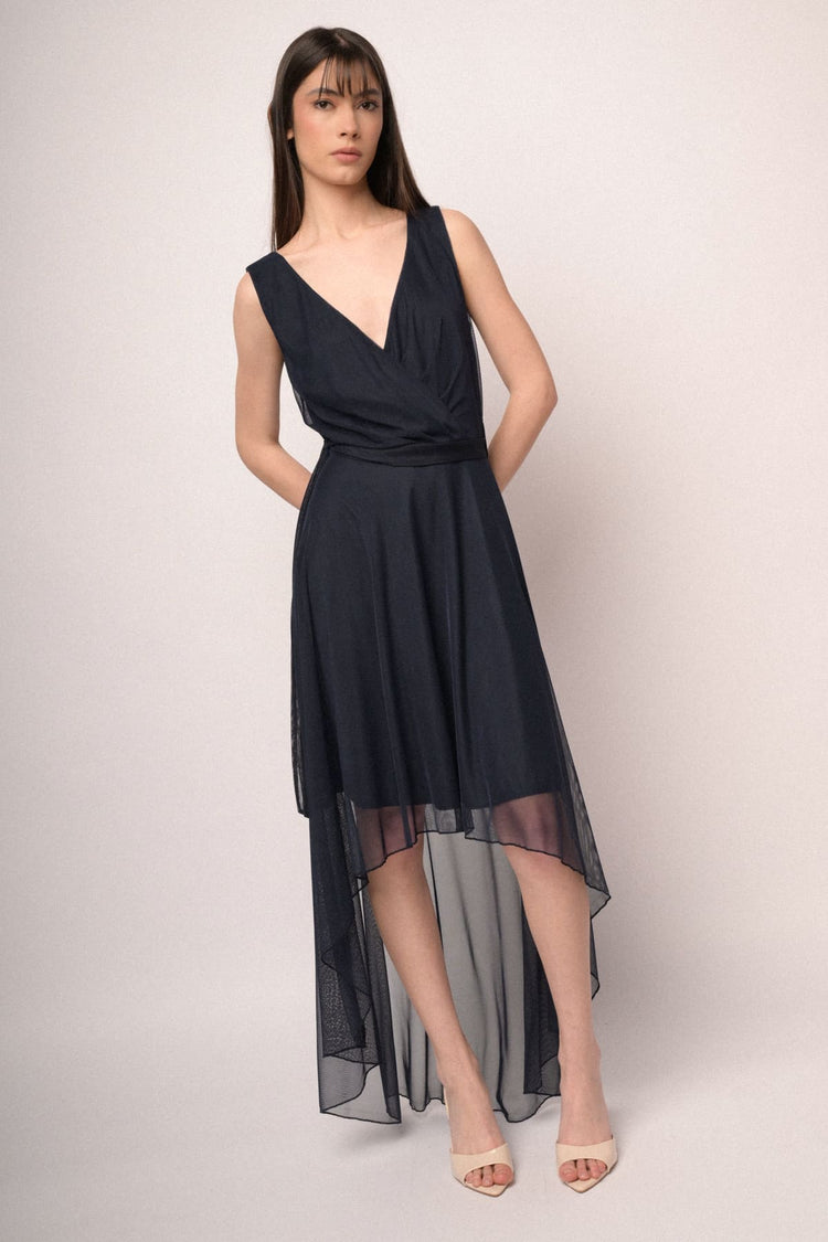 Blue tulle belted high-low dress