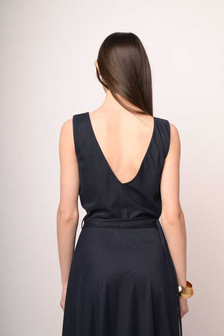 Blue tulle belted high-low dress