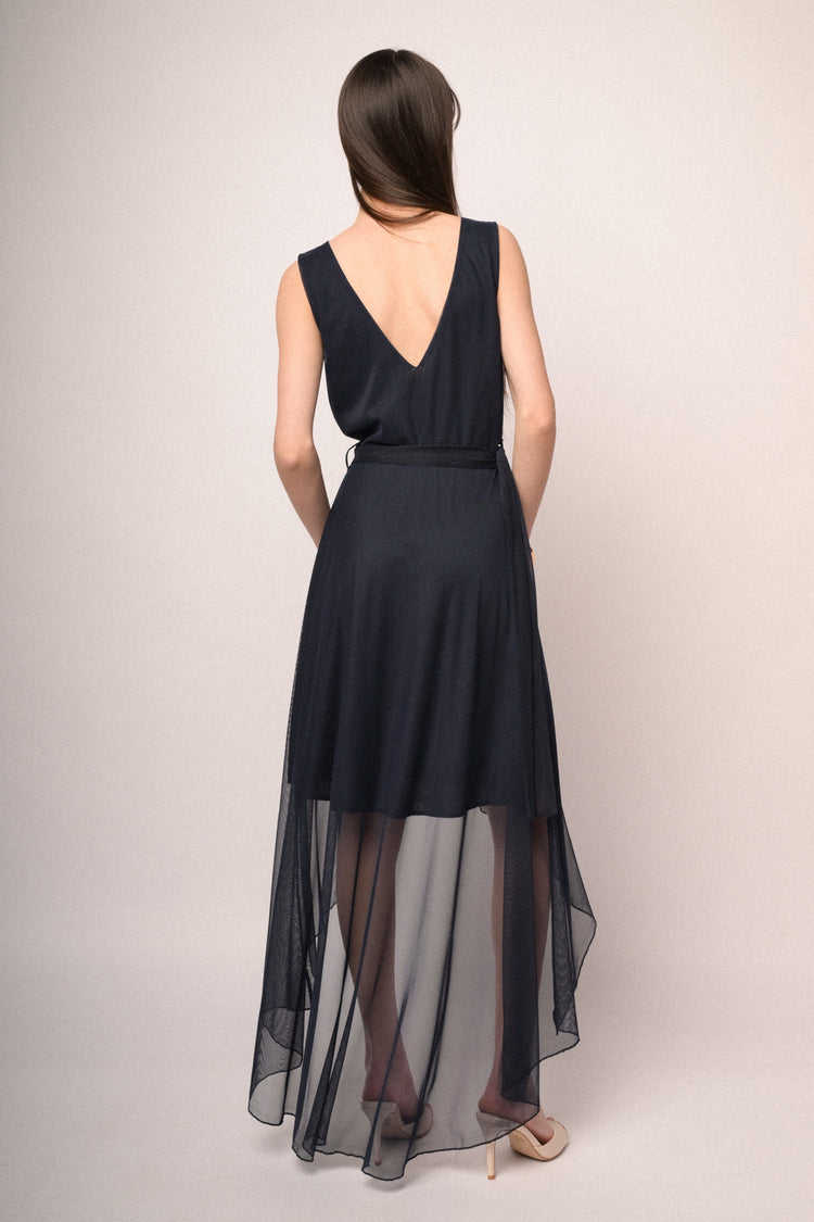Blue tulle belted high-low dress