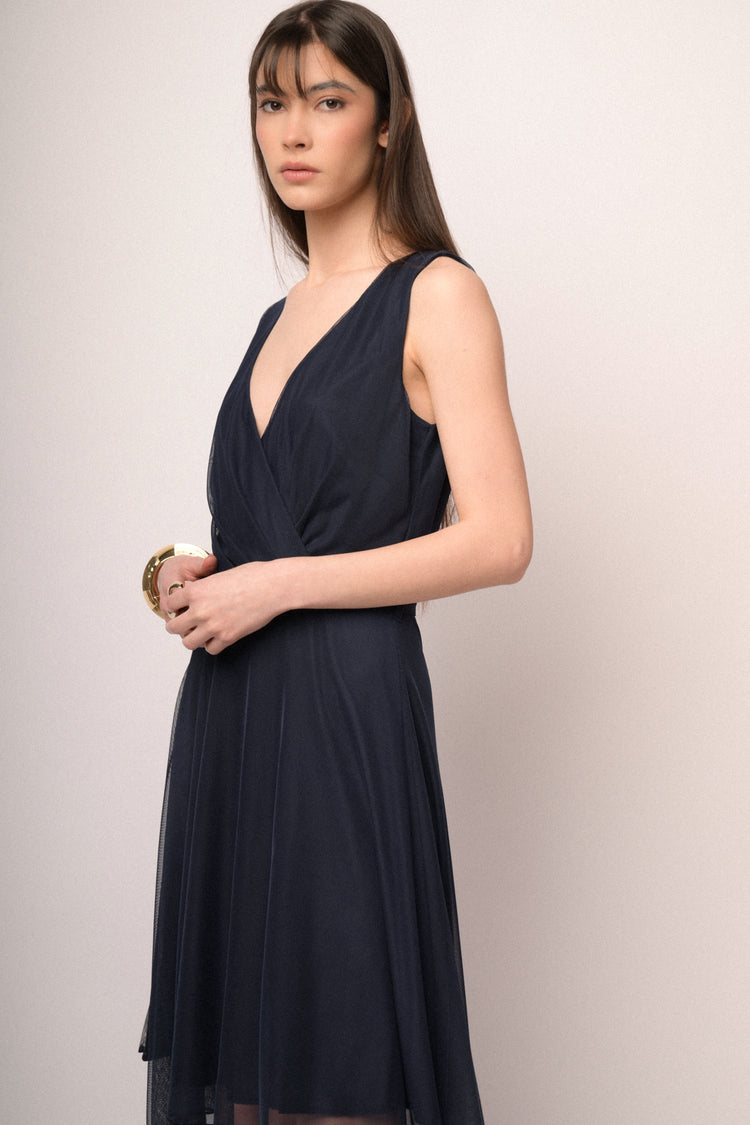 Blue tulle belted high-low dress