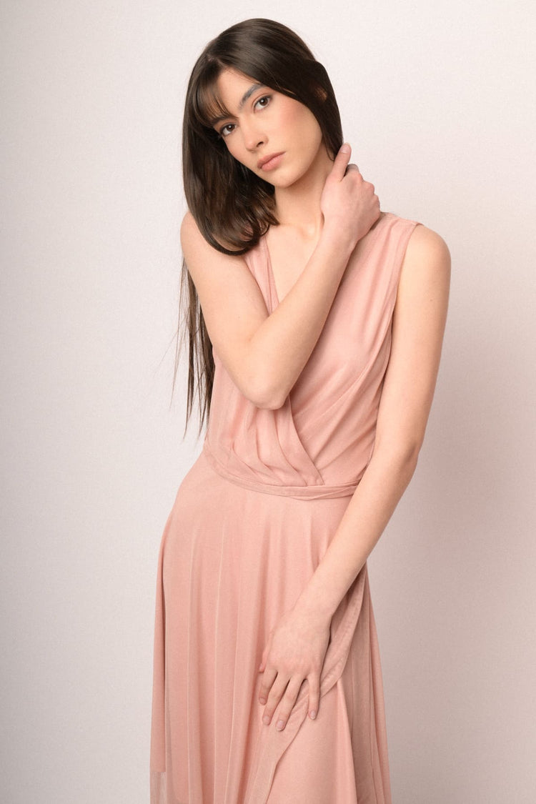 Pink tulle belted high-low dress